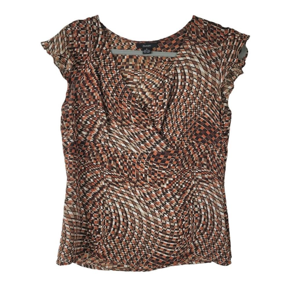 Alfani Silk Sz 8 Surplice Blouse Cap Sleeve Neutrals Wearable Art Brown Orange